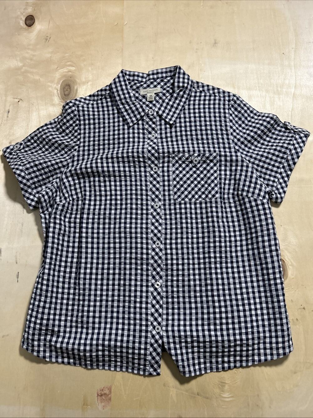 Appleseed's Women's Sz 1X Black & White Gingham Shirt Button Down Short Sleeve